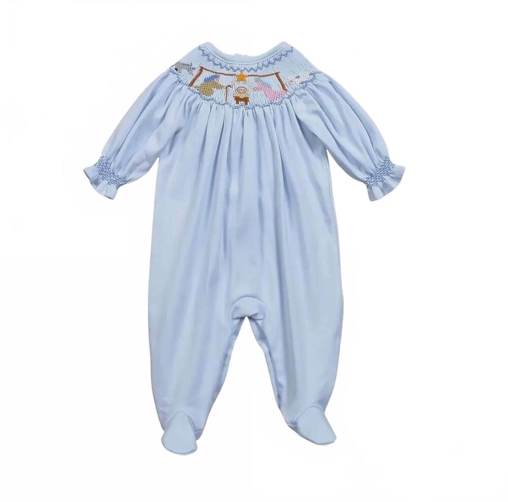 NEW BABY LOREN kid's nativity smocked footie in blue